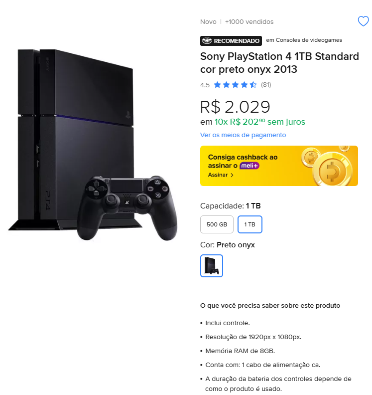 PS4 1 Tera. Mercado Livre